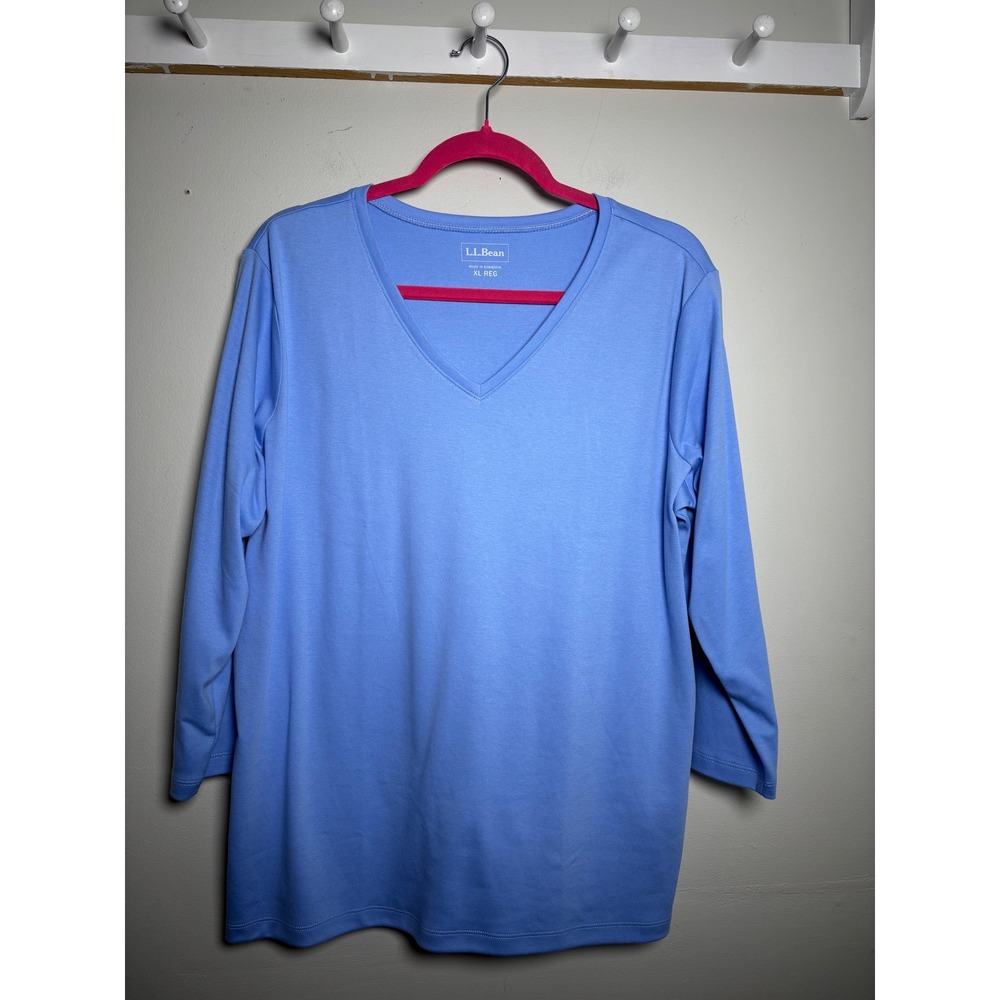 L.L.Bean 100% Cotton V Neck 3/4 Sleeve Top XL Blue Fall Layering
